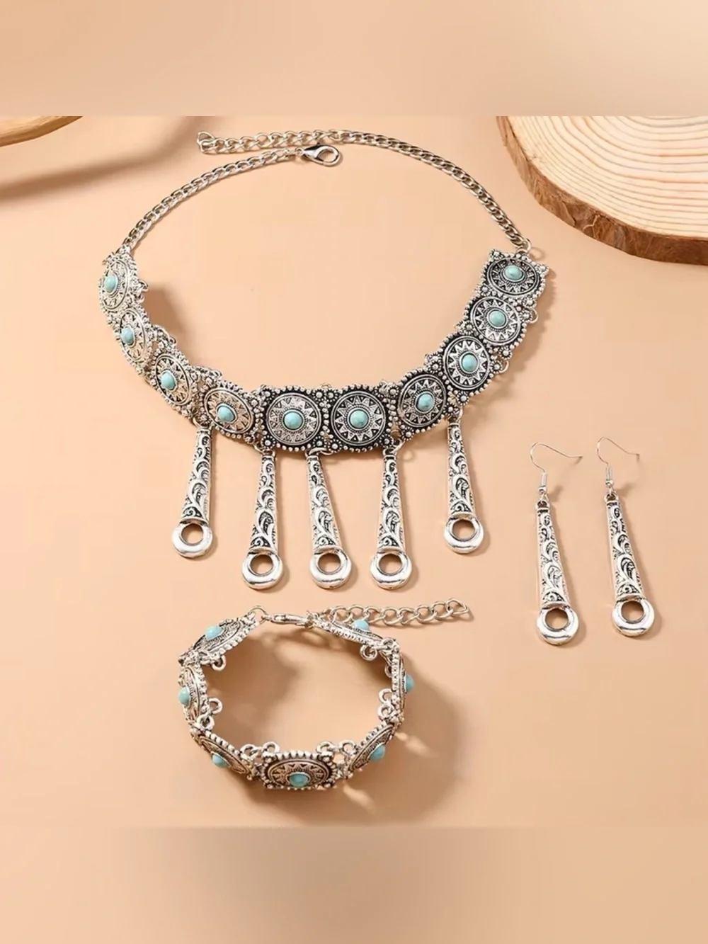 Western Set Turquoise Silver-Tone Boho Choker Necklace, Bracelet, & Earrings Set
